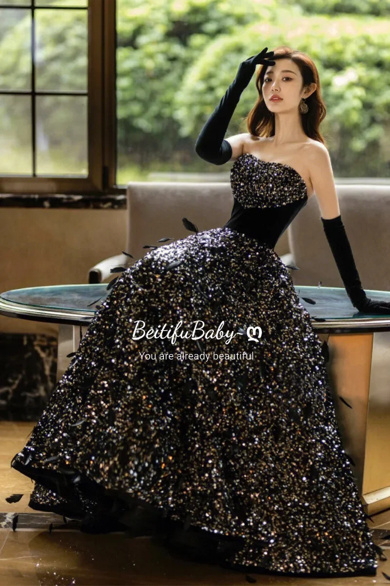 BeitifuBaby Elegant Evening Party Dresses for Women Black Sequined Sexy Strapless Sleeveless Lace-up Banquet Gown Formal Dress