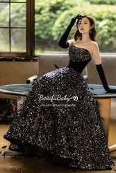 BeitifuBaby Elegant Evening Party Dresses for Women Black Sequined Sexy Strapless Sleeveless Lace-up Banquet Gown Formal Dress