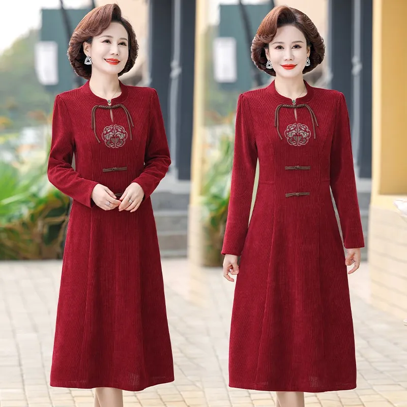 Elegante A-Linie Kleid Damen bekleidung pendeln Langarm Frühling Herbst Vintage stilvolle Stickerei in chinesischen Stil Kleider