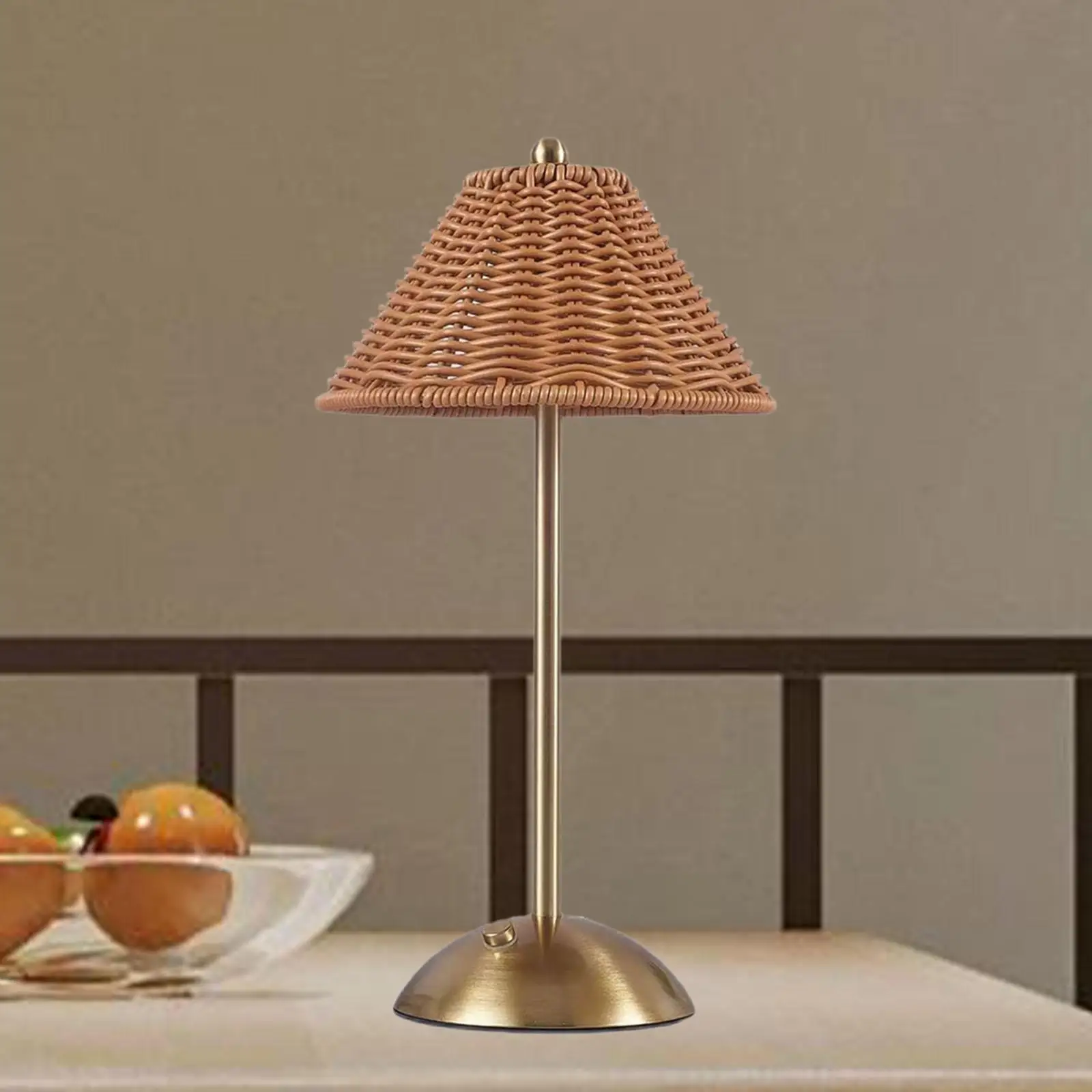 LED Cordless Table Lamp with Lampshade Retro Rattan Design Rechargeable Bedside Nightstand Light for Room