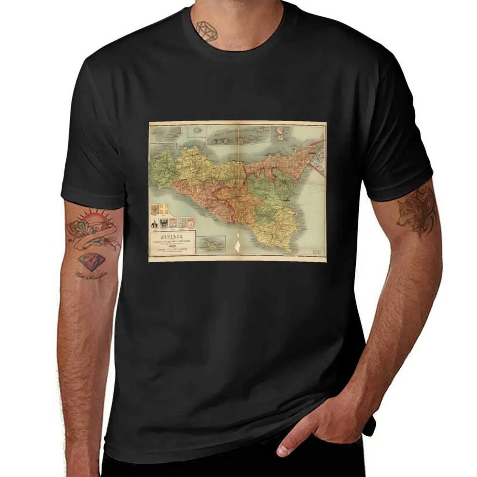 Map of Sicily 1900 (Sicilia carta corografica stradale) T-Shirt oversized graphics vintage clothes mens t shirts casual stylish