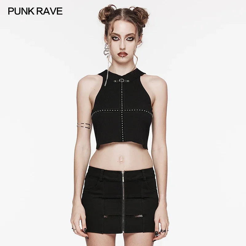 PUNK RAVE Women's Daily Knitted Fit Tank Punk Visual Kei Cross Shape Gothic Harajuku Sexy Black Tops Summer Women Clothing