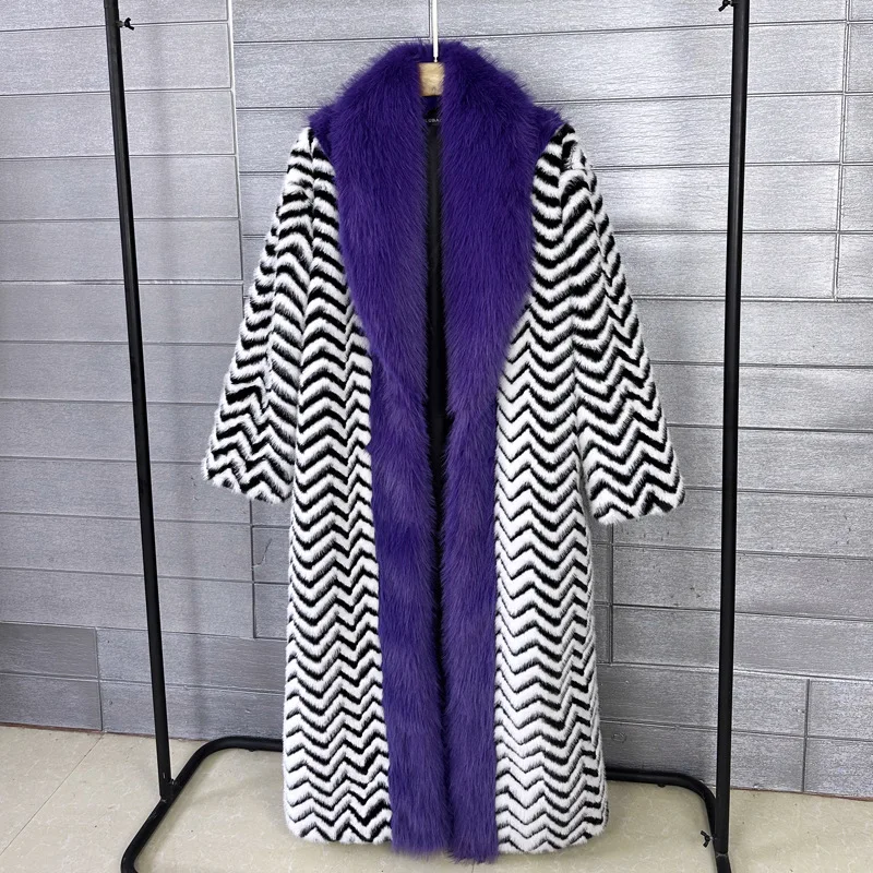 Original Design Faux Fur Coat Striped Patchwork Plush Long Jacket Lady Outerwear Women\'s Winter Coats Factory Direct Sales