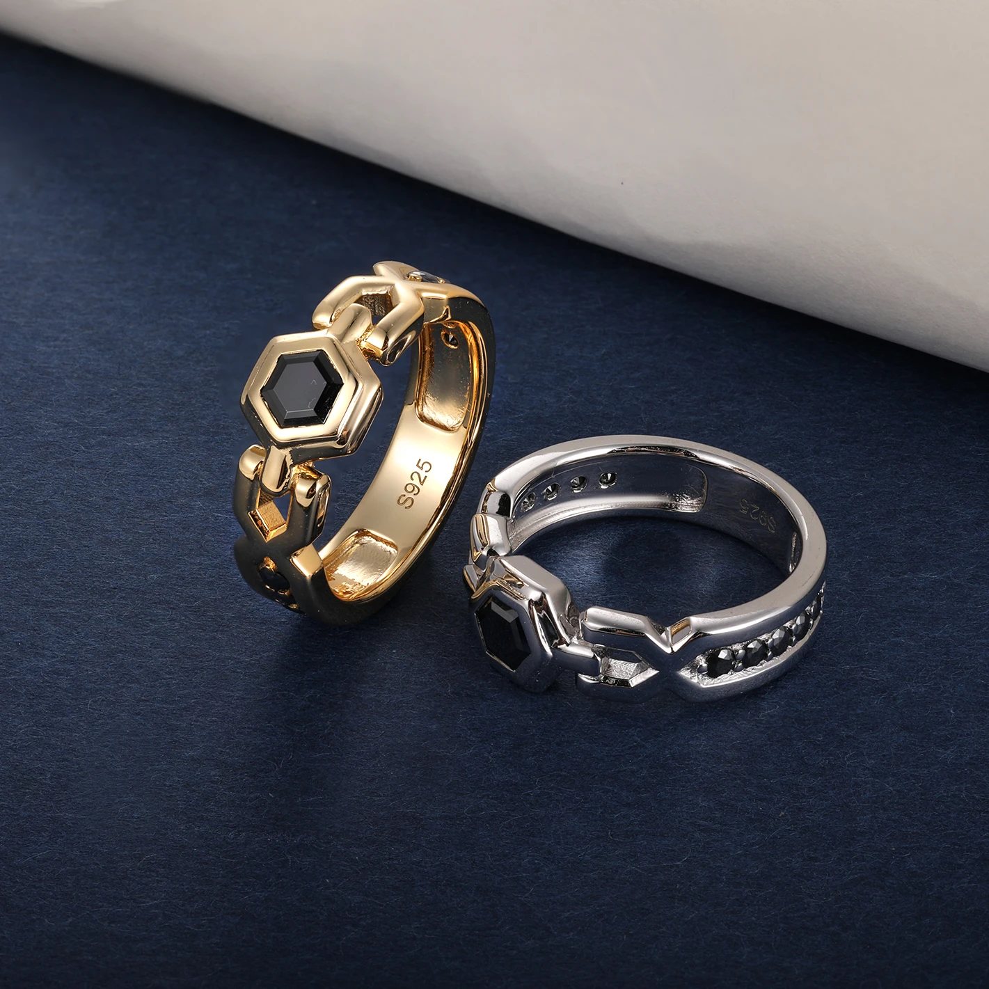 TYYL Hexagonal Black Moissanite Ring for Women Men 925 Silver Honeycomb Statement Link Band Rings Luxury Party Banquet Jewelry - Image 3