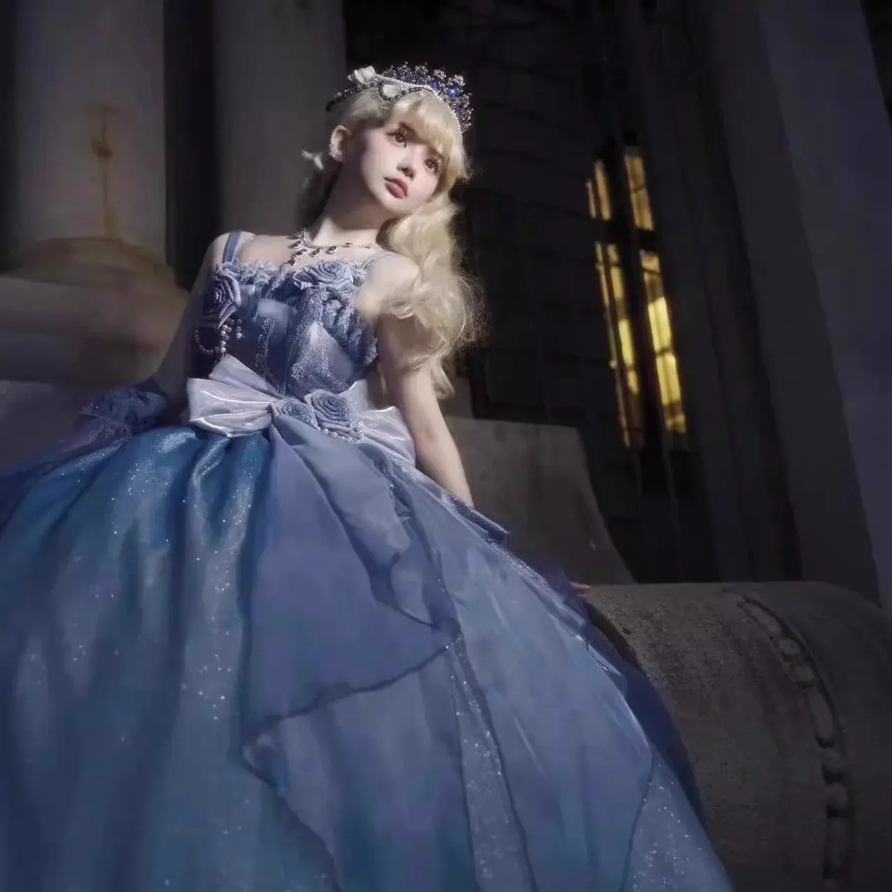 

Fashion Versatile Lolita Dress Dress Girl Japanese Summer Autumn New Blue Three-dimensional Flower Accessories Suspender Tube