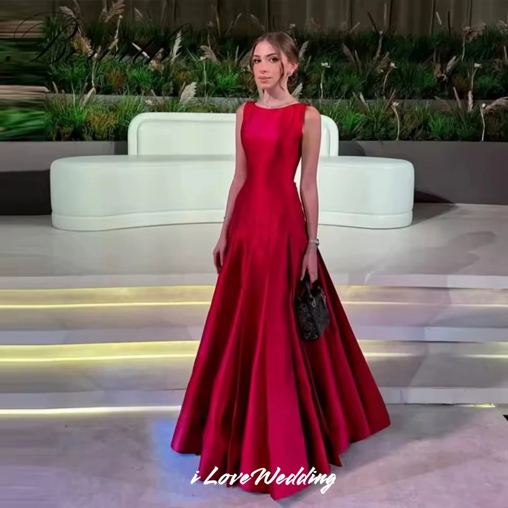 

Red O-Neck Prom Dresses Satin Sleeveless Pleated A-Line Elegant Evening Dress Floor-Length Wedding Party Dresses Customized