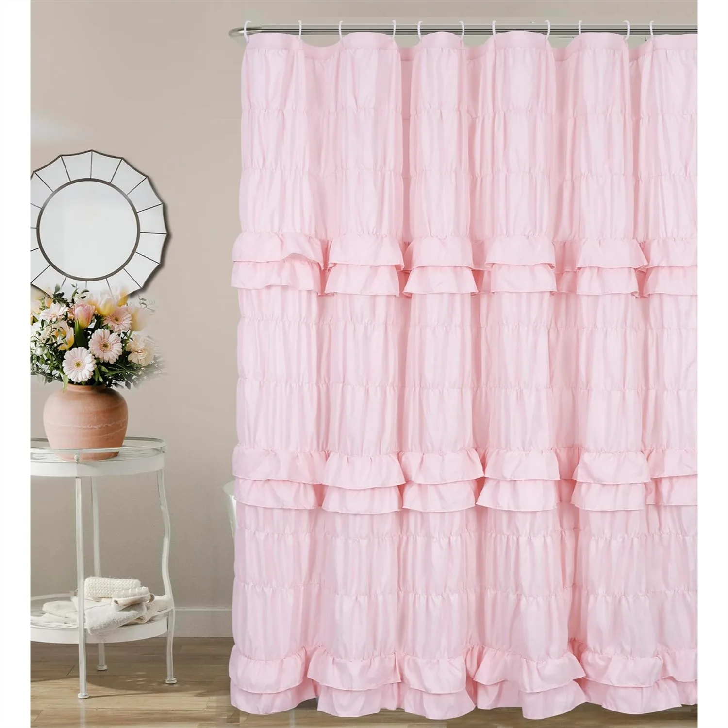 

Pink Ruffle Shower Curtain, Shabby Chic Vintage Bathroom Curtains Victorian Lace Decor 72x72