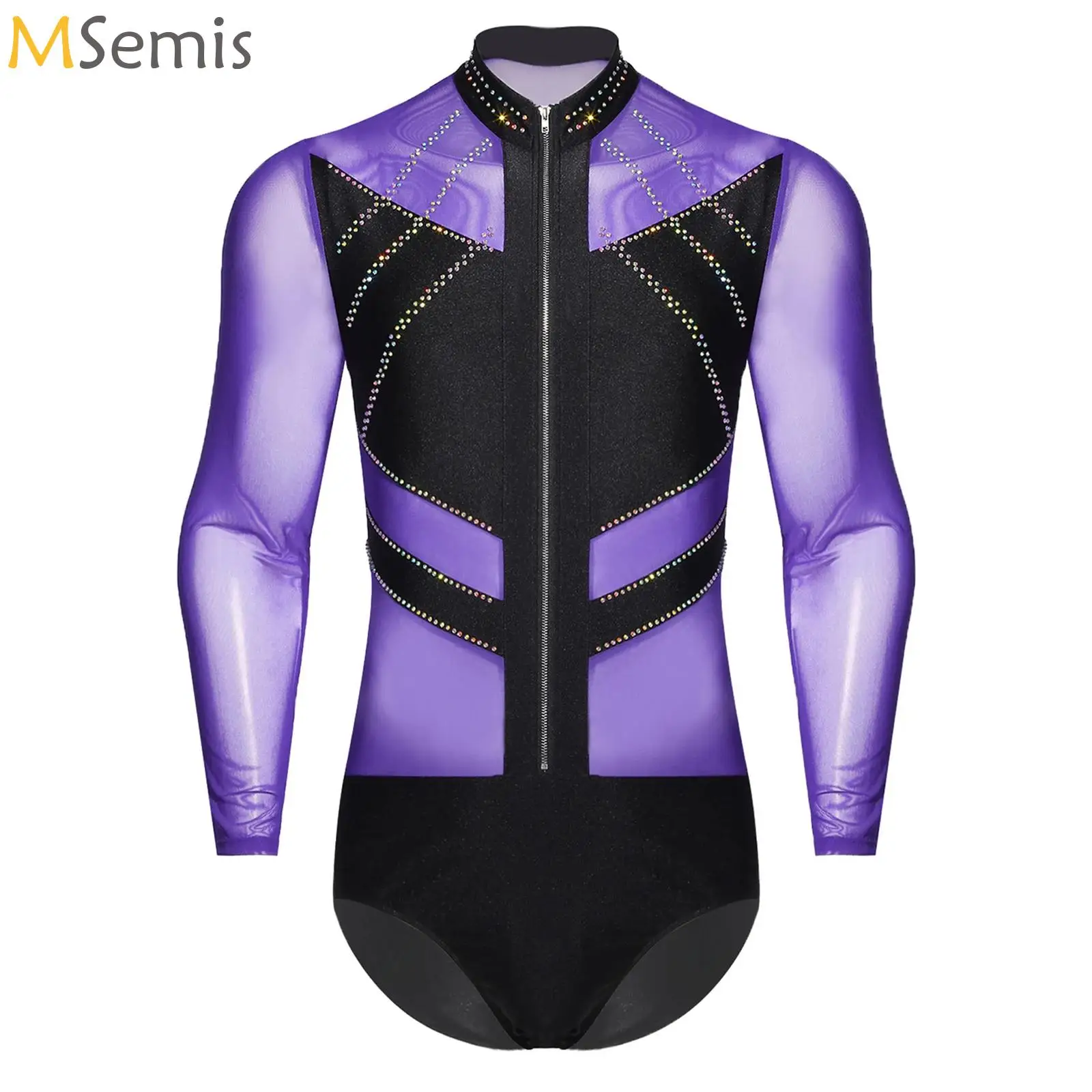 

Men Latin Dance Leotard Adults Figure Skating Ballet Ballroom Dancing Tango Performance Costume Long Sleeve Rhinestones Bodysuit
