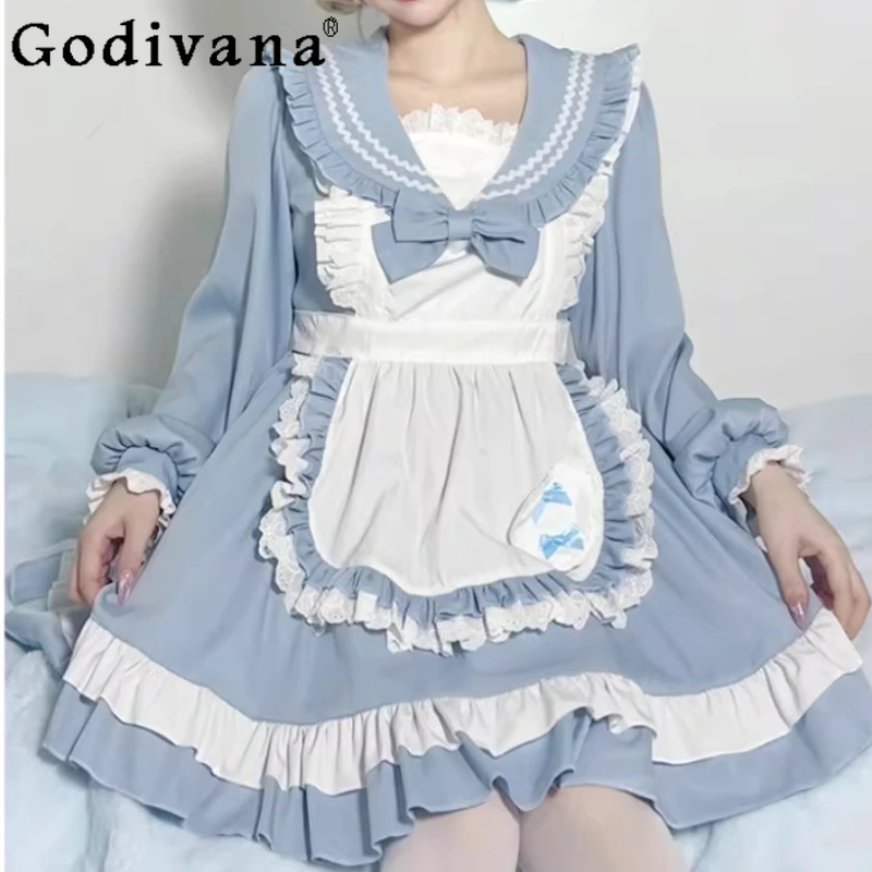 

Elegant Japanese Sailor Uniform COS Maid Sweet Navy Collar Lolita Dress High Waist A-line Versatile Age Reduction Party Dresses