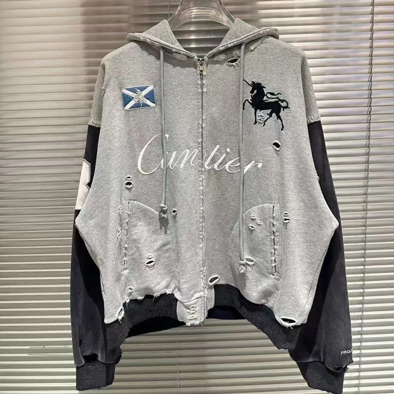 Splice Color Project G/R Embroidery Flag War-horse Zipper Hoodie Jacket Men Women Vintage Washed Loose Hole Damaged Pullovers