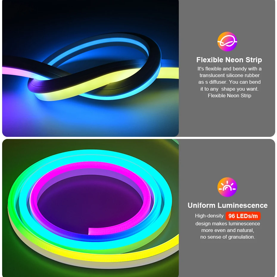 DC12V LED Neon Strip 96LEDs/M RGBIC Dimmable Smart Bluetooth Neon Rope Light IP67 Waterproof Dream Color for Home DIY Decoration