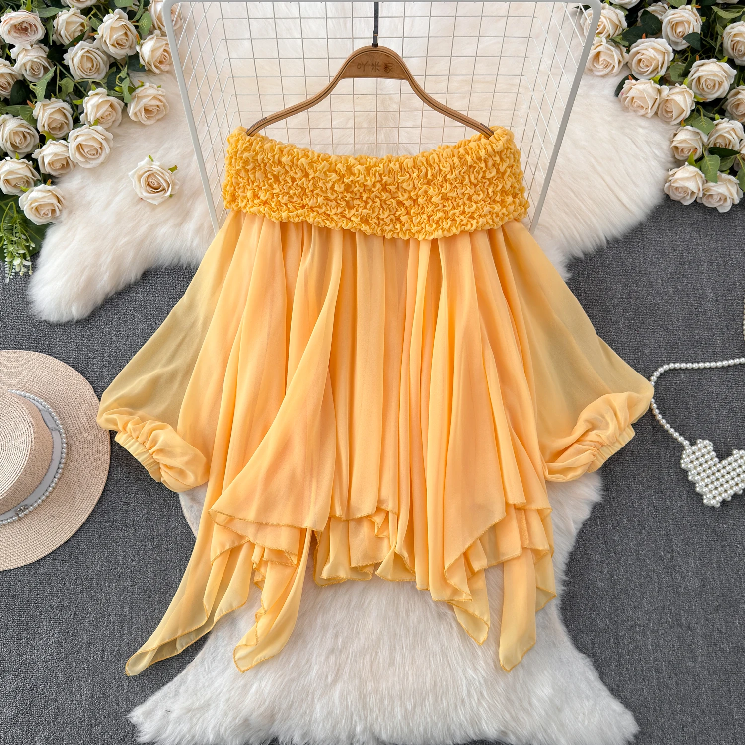 Fairy Top Super Fairy Sweet Pleated Off Shoulder French Bubble Sleeves Irregular Chiffon Shirt