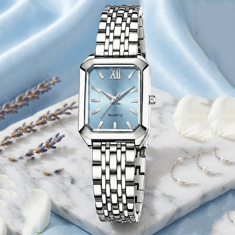 2Pcs/Set Unisex Jewelry Watches Women's Wristwatch Accessories Silver Blue Fashion Trendy Business Elegant Classic Exquisite Retro Light Luxury Rhinestone Luxury Bracelet Watch Set Suitable for Travel, Daily Outfits, Y2K Perfect Holiday Gift