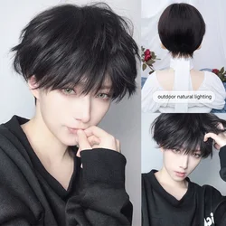 10Inch Black Color Handsome Synthetic Wigs With Bang Short Straight Hair Wig For Men Women Daily Cosplay Party Heat Resistant