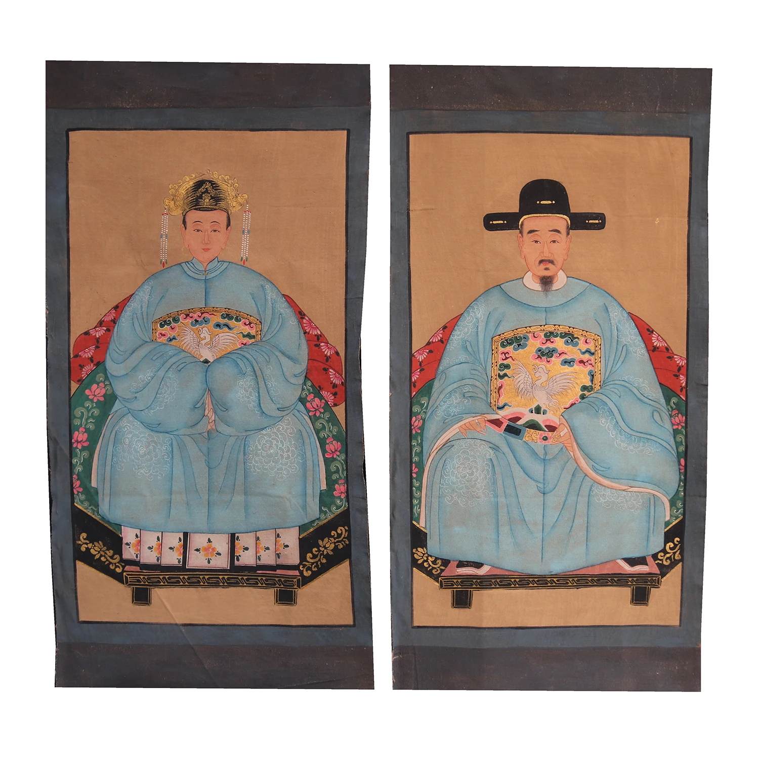 

Hand painted ancestor paintings on canvas fabric, pair of chinese portrait paintings, wall decoration