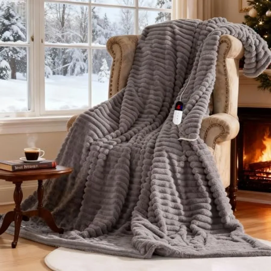 

Heated Electric Blanket Throw: 6-Level Fast Heating 4-Hour Auto-Off SoftandWarm Stripe Faux Rabbit Fur for Couch Home Office wi