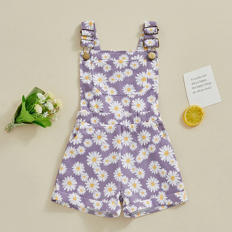 FOCUSNORM 0-6Y Toddler Kids Girls Jean Overalls Shorts Sunflowers Print Sleeveless Adjustable Strpas Denim Jumpsuit