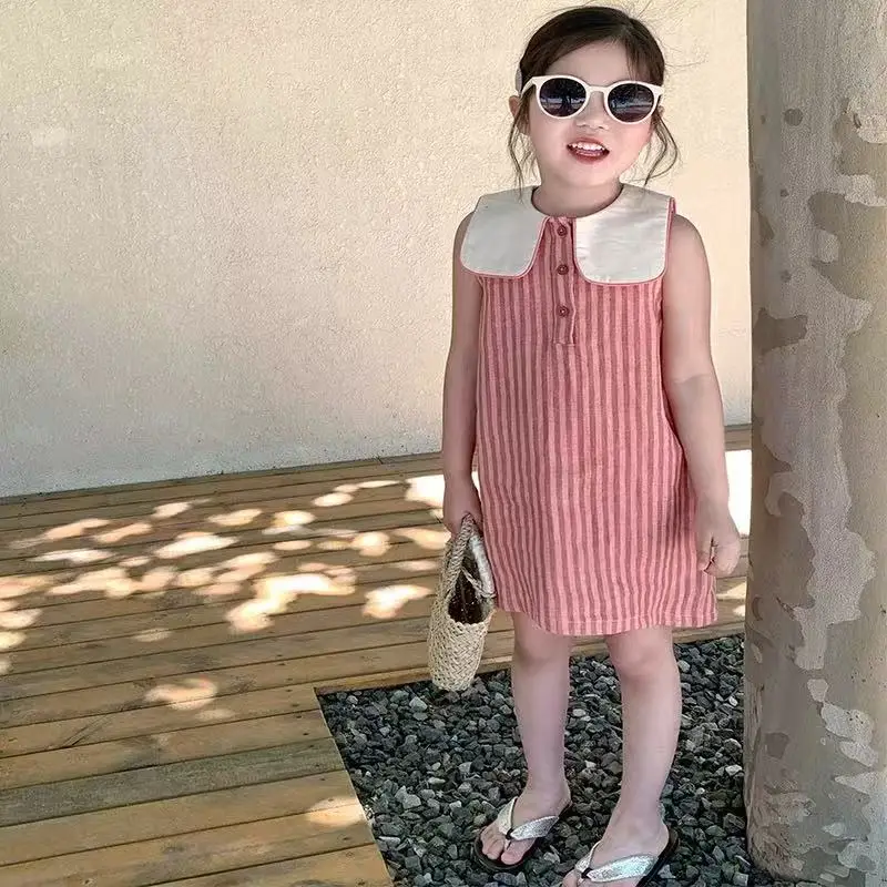 Baby Girls Sleeveless Striped Dress Lapel Cute round Ball Summer New College Style