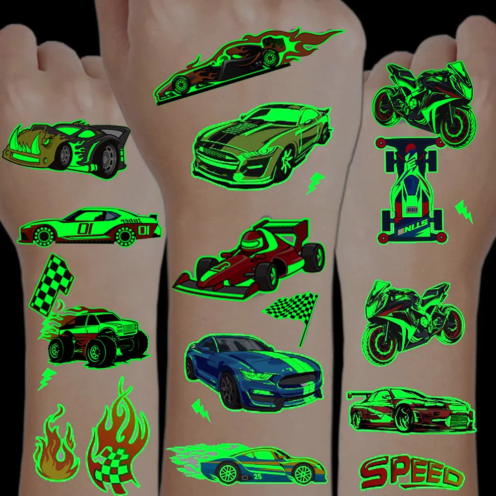 

12 Sheets Race Car Temporary Tattoos Kids Stickers Waterproof Birthday Party Sports Supplies Cartoon Waterproof Glow in The Dark