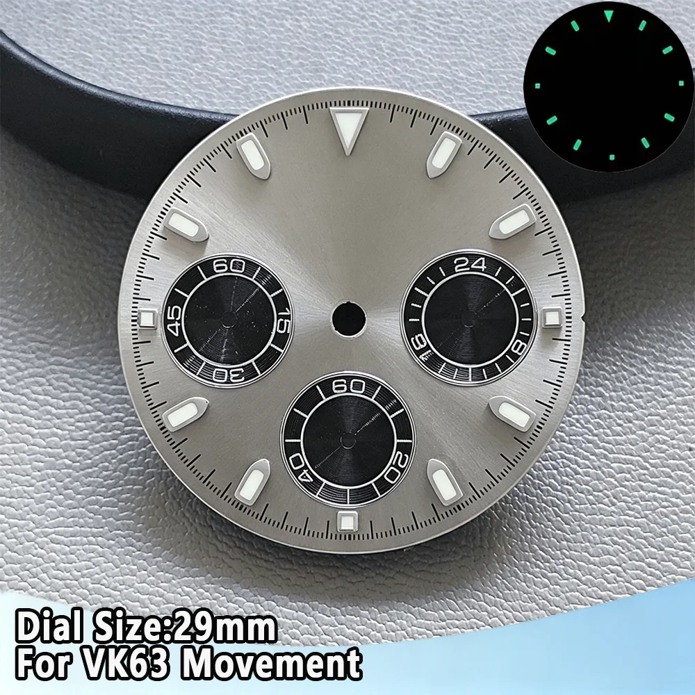 29mm VK63 Dial Panda Dial C3 Green Luminous Chronograph Dial For VK63 Movement Fit For Daytona High Quality Watch Sterile Dial view 2