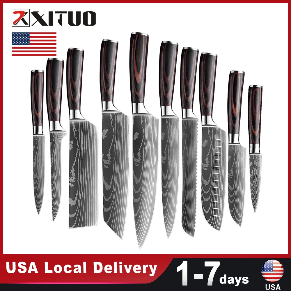 USA Warehouse Fast Shipping Stainless Steel 10PC set Wooden Handle Kitchen Santoku knife Sharp Slicing Cooking Tool Chef's Knife