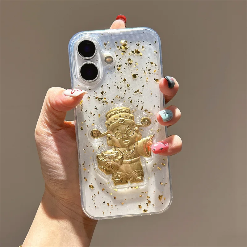 

Suitable for iPhone 17 God of Wealth phone case Apple 16 Pro Max gold foil drip glue New Year's gold ingot protective case