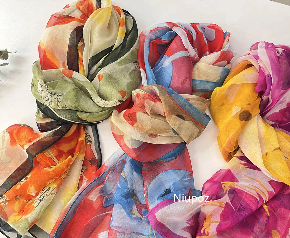 Bright Colors Printed Scarf Pretty Women Elegant Chiffon Georgette Bandana Scarf Summer Beach Sunscreen Thin Shawl