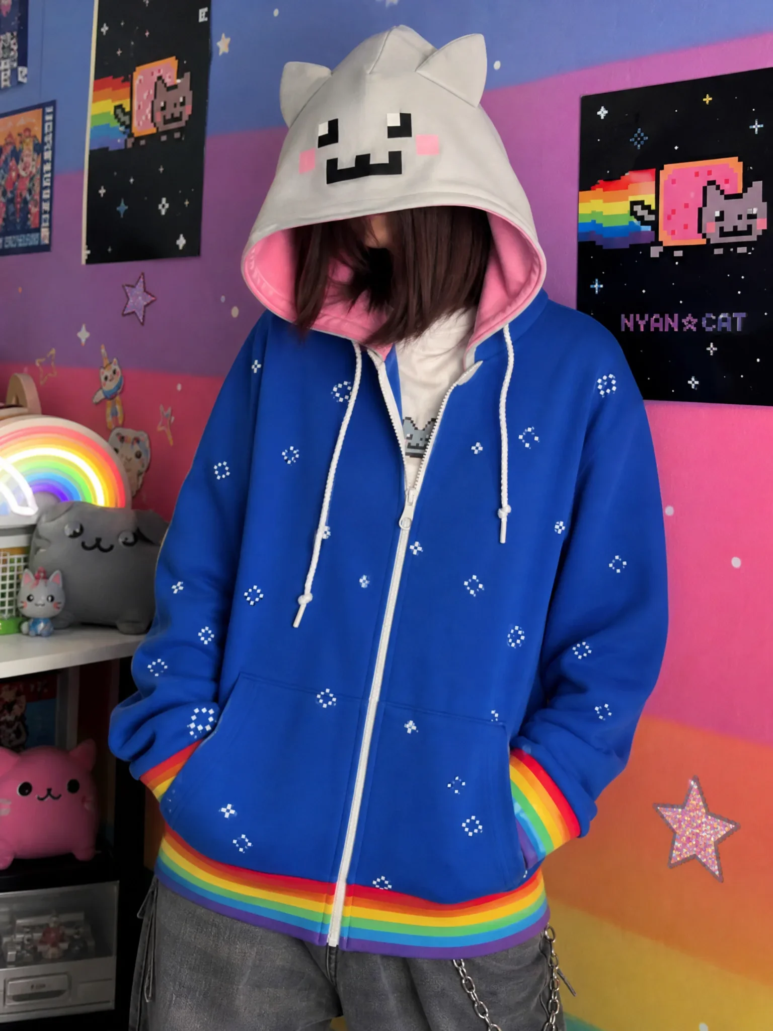 Nyan Cat Blue Zip Up Embroidered Hoodie Pixel Face Ears Hood Rainbow Stripes Star Dots Sweatshirt Jacket Unisex Y2K