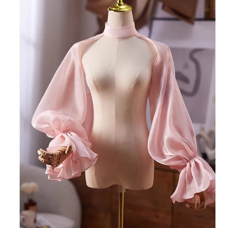 

Women's Elegant Designer Arm Sleeve Pink Chiffon Shawl Female Vintage Photography Formal Dress Performance Party Glove R2732