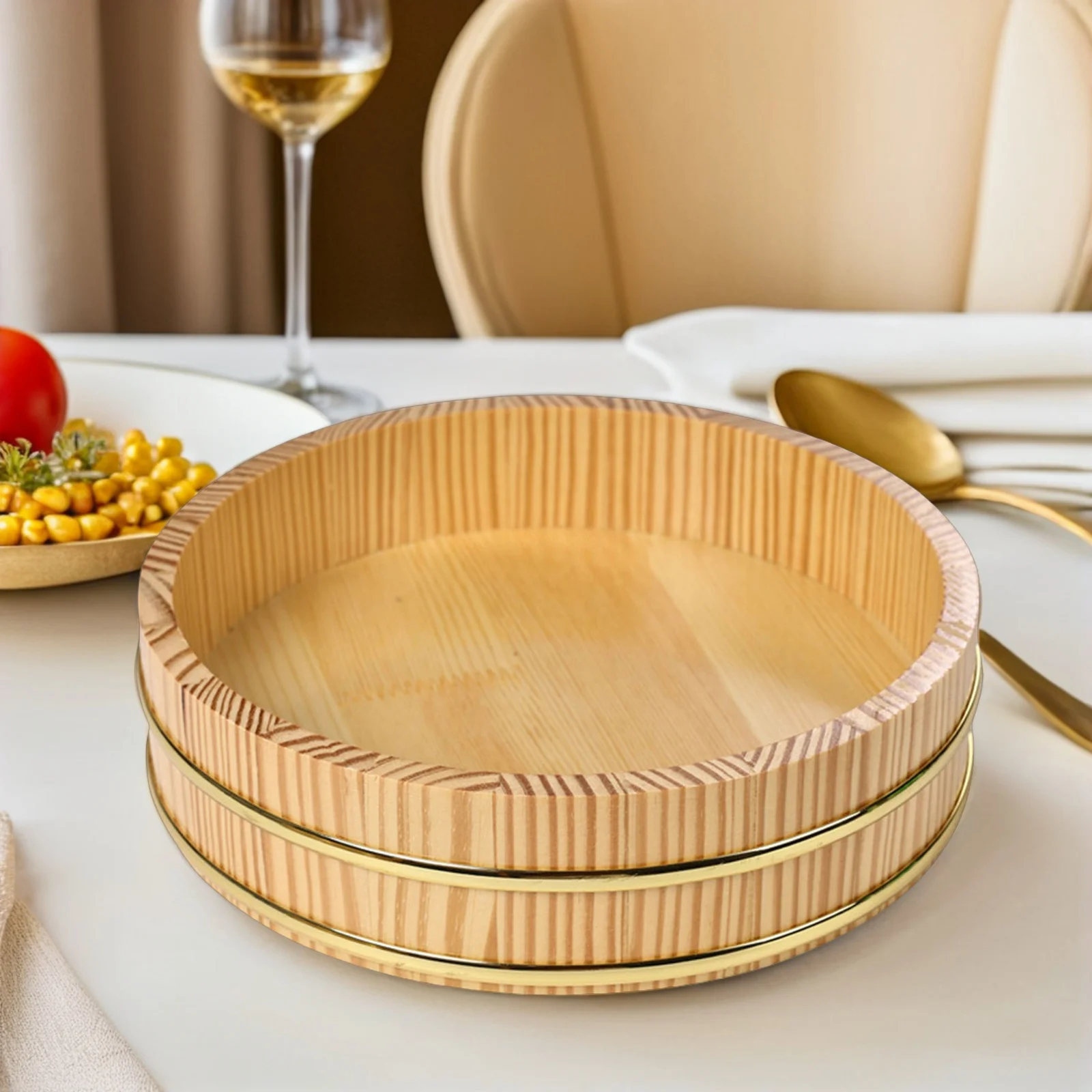 

Large Capacity Wooden Sushi Rice Bowl Traditional Hangiri Elegant Gold Rim Sashimi Serving Tray Special Occasions