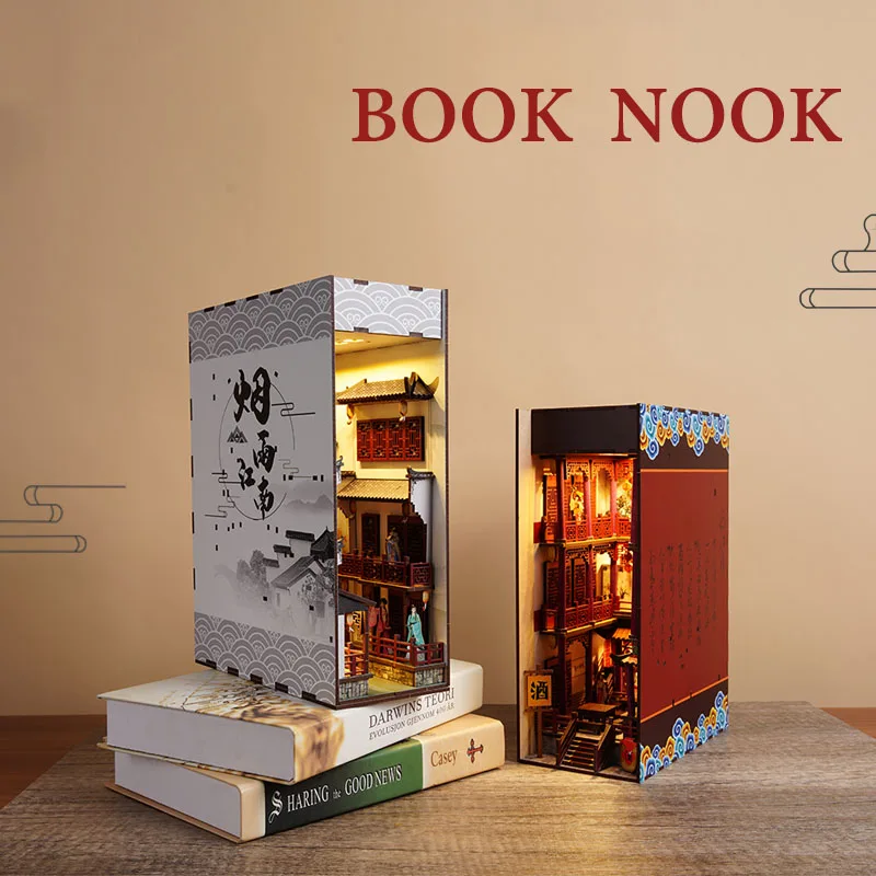 

DIY Book Nook Jiangnan Alley Model Wooden Bookend Bookshelf Insert Bookcase Handmade Craft Toys for Children Birthday Gift