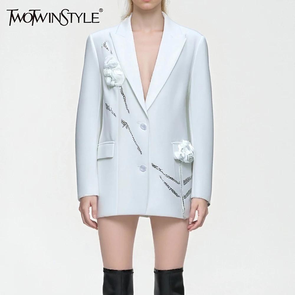 

TWOTWINSTYLE Slimming Spliced 3D Flower Elegant Blazers for Women Lapel Long Sleeves Patchwork Sequins Blazer Female Clothes New