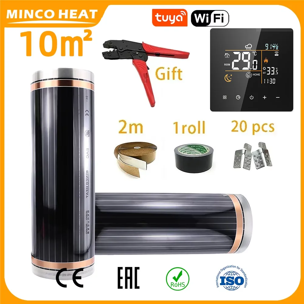 Minco Heat 220W/㎡ 10m² Infrared Underfloor Heating Film Kit with Temperature Controller for Home Heating Installation