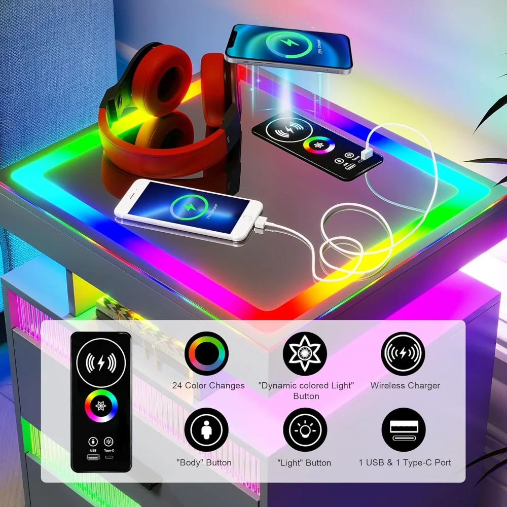 منضدة ذكية حديثة مع مصباح LED RGB وشحن لاسلكي، وطاولة بجانب السرير مع إضاءة بمستشعر بشري