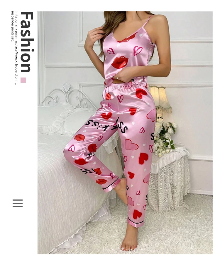 Damen-Pyjama-Sets aus Satin mit Blumenmuster, Spaghettiträger-Oberteilen und langen Hosen, Nachtwäsche, 2-teilig, ärmellos, Heimkleidung, Loungewear – Detail 6