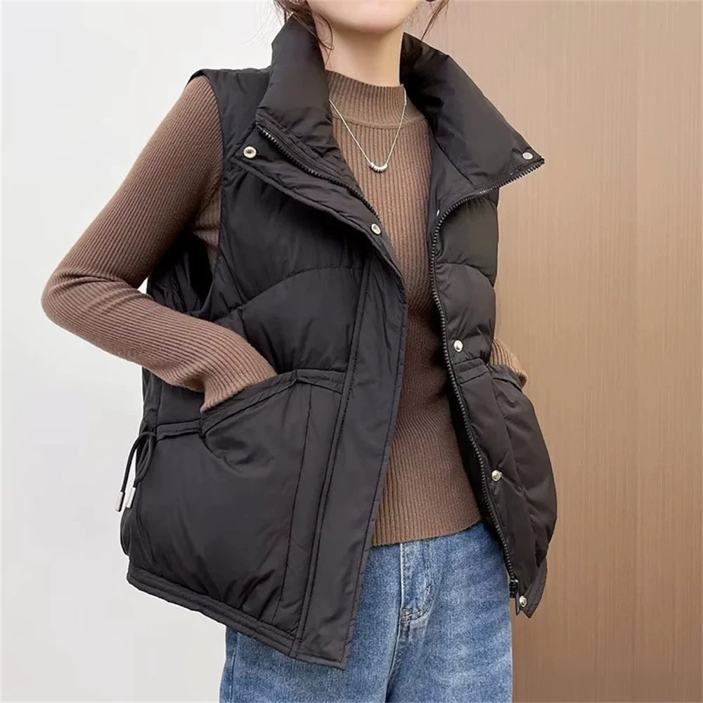2025 nova moda colete vintage outono inverno cor sólida colete quente feminino casaco para baixo algodão colete feminino