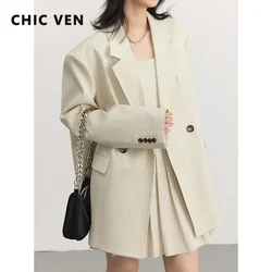 CHIC VEN Women's Blazers Loose Texture Twill Jacquard Suit Coat Woman Double-breasted Overcoat Female Jacket Spring Autumn 2023