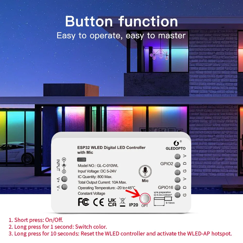 Imagem -06 - Digital Strip Voice Controller Esp32 Wled Rgbw Suporte Ws2811 Sk6812 Sm16703p Ws2812b Aplicativo Web Mqtt Assistente Doméstico Automação