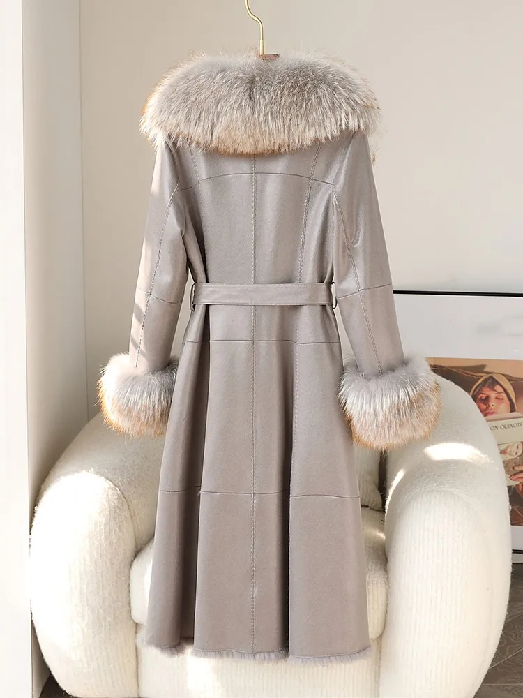 Office Ladies Luxury Real Rabbit Fur Overcoat Raccoon Fur Collar Warm Lining Long Coat Single Breasted Belt Elegant Women Jacket