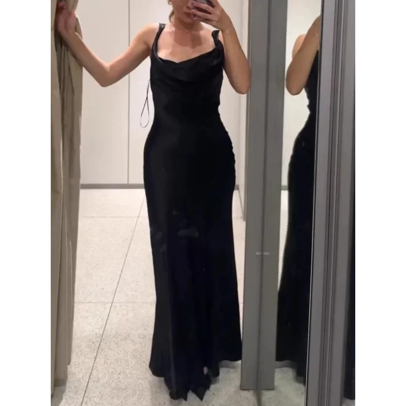

Women's Retro Black Satin Texture Backless Midi Dress Sexy Sleeveless Lace-Up Holiday Party Gown Fashionable Vintage Style