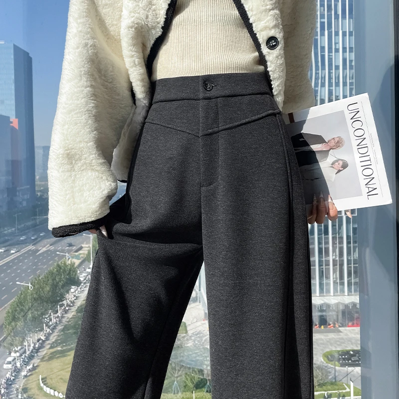 Pantalones holgados de lana y mezcla de otoño e invierno para mujer, pantalones curvos de plátano de longitud completa, ropa de calle para mujer, pantalones de pierna ancha de cintura alta