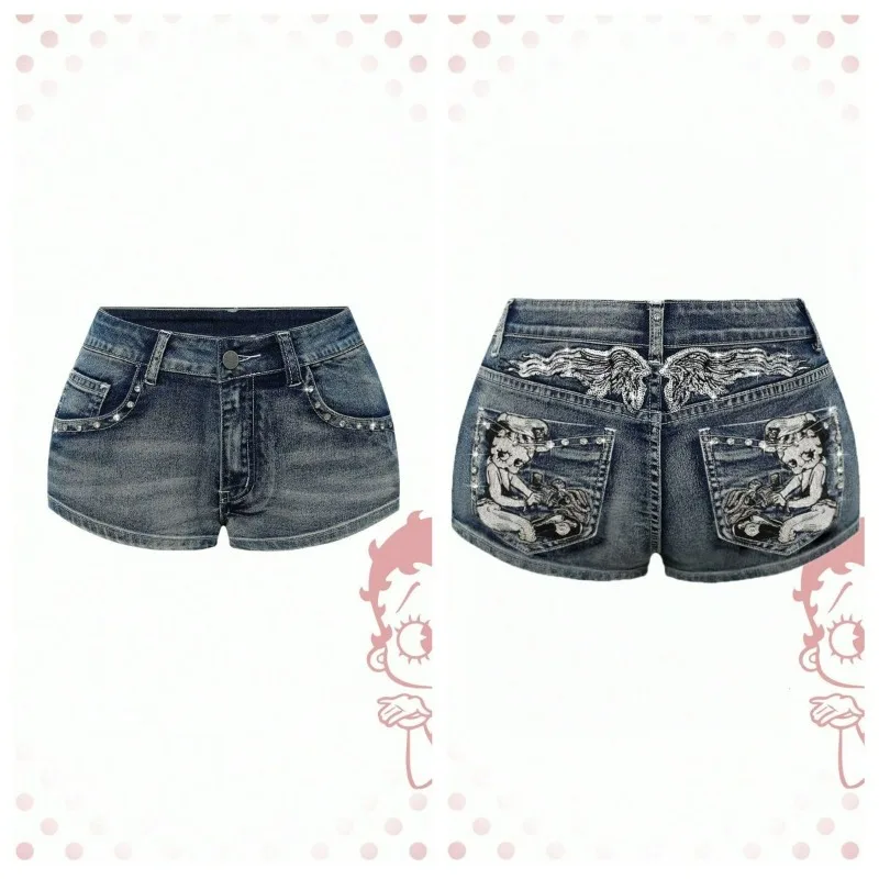 

Women's Blue Denim Shorts Y2k Jeans Harajuku American Vintage High Waist Jorts Casual Jeans 2000s Embroidery Sexy Clothes Summer