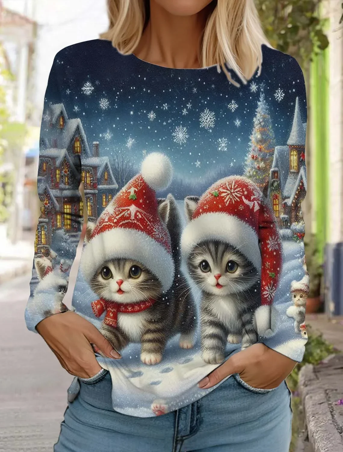 女性用長袖クリスマスTシャツ,原宿アニマルトップス,かわいい猫と犬の服,ホリデーギフト,カジュアルファッション