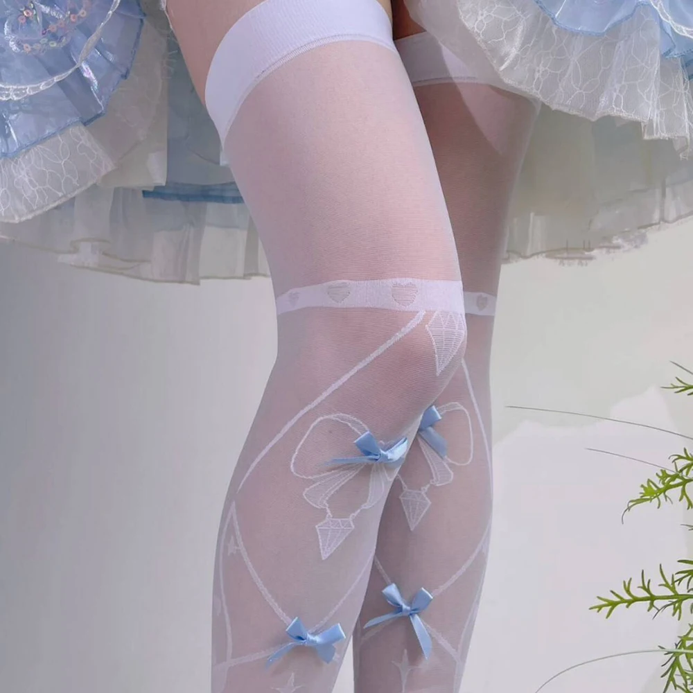 2025 كوس جوارب طويلة إلى الركب جوارب رقيقة لوليتا فراشة حلوة القوس الأزرق الجوارب الطويلة