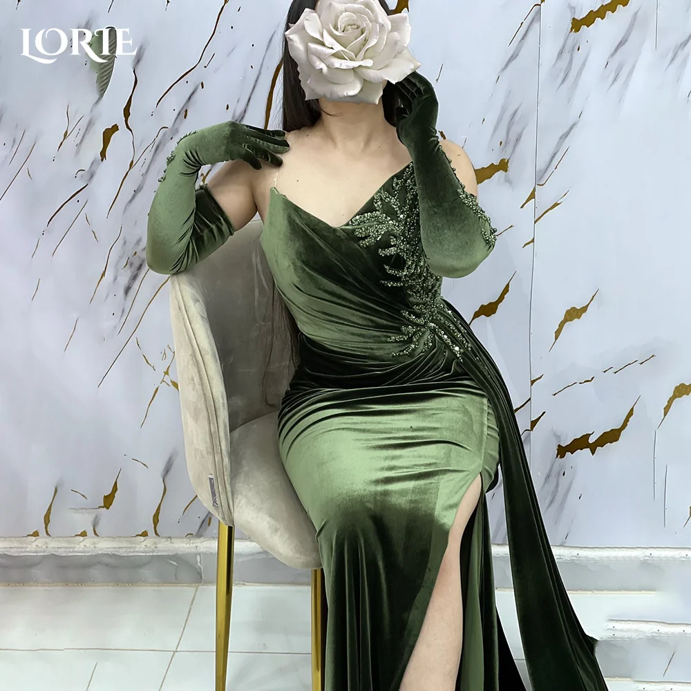 

LORIE V Neck Mermaid Evening Dresses High Slit Arabia Prom Dresses Pleats Velvet Backless Saudi Ball Gown Customized No Gloves