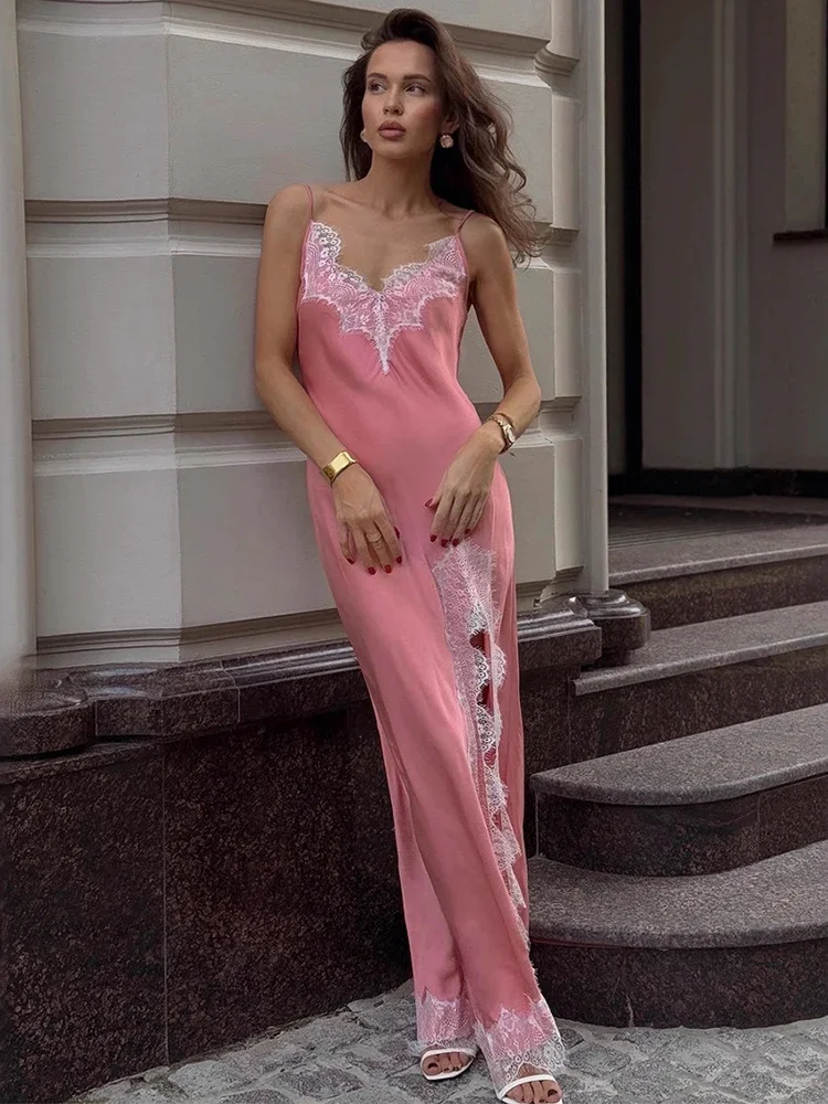 

Fmxires Side Slit Lace Dress Women Summer V Neck Casual High Waist Sleeveless Maxi Dresses Party Vacation Suspender Dress Femme
