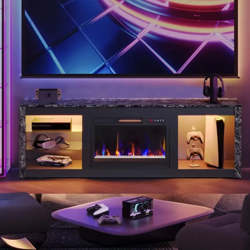 حامل تلفزيون Bestier Modern Electric 7 ألوان LED لأجهزة التلفاز حتى 70 بوصة، رخام أسود