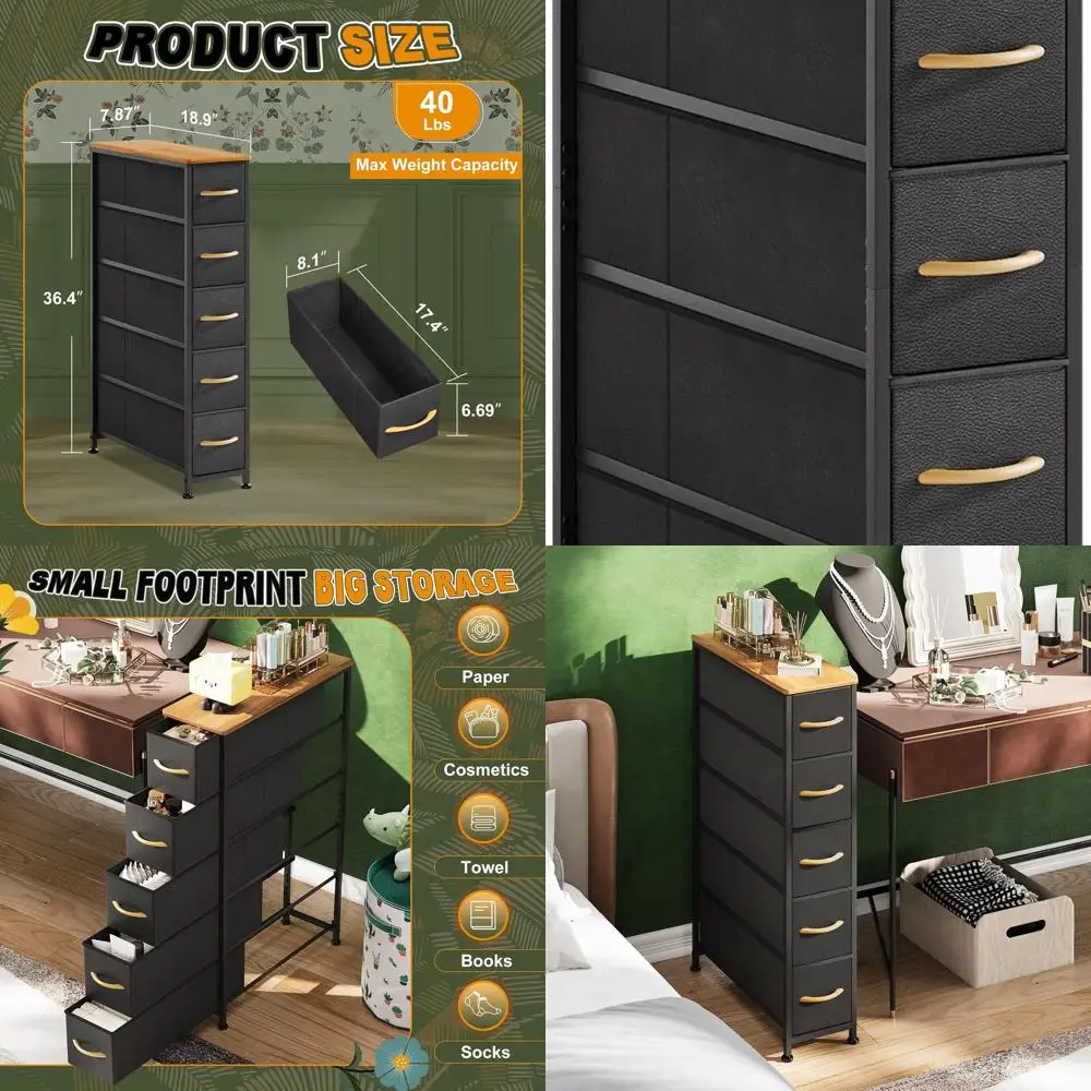 

5-Drawer Slim Storage Tower with Steel Frame, Wooden Top, Ideal for Bedroom, Bathroom, Small Spaces, Laundry, and Closet - Black