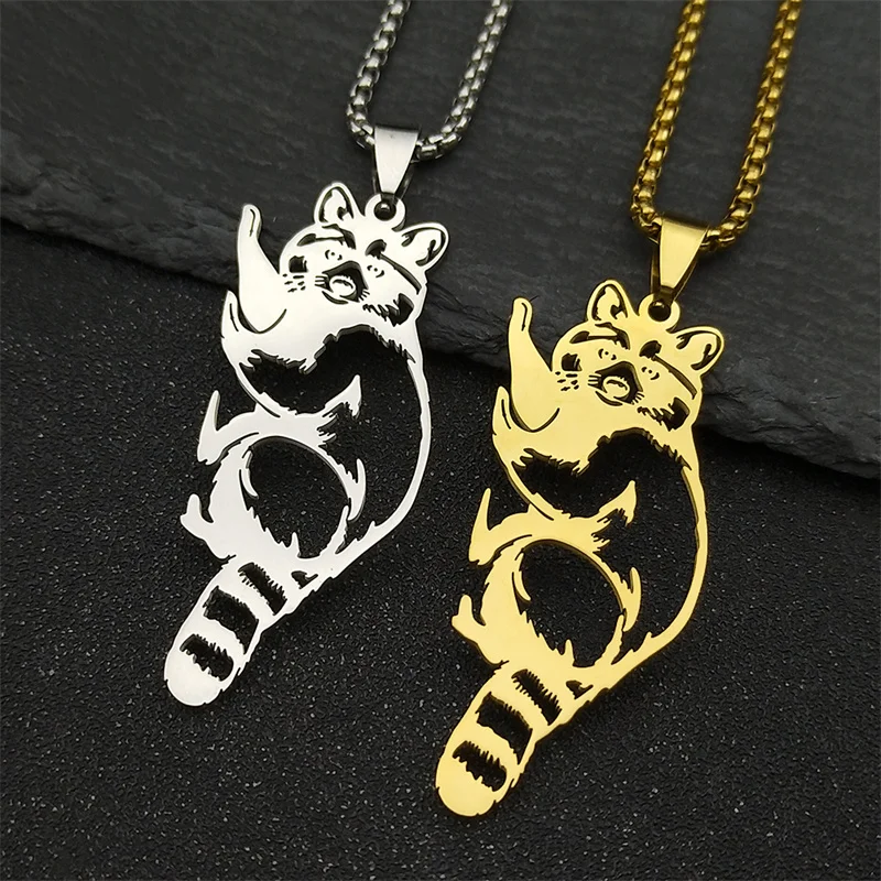 

Lovely Raccoon Pendant Necklace For Women Men Stainless Steel Gold Silver Color Hollow Animal Lover Chain Jewelry Gifts