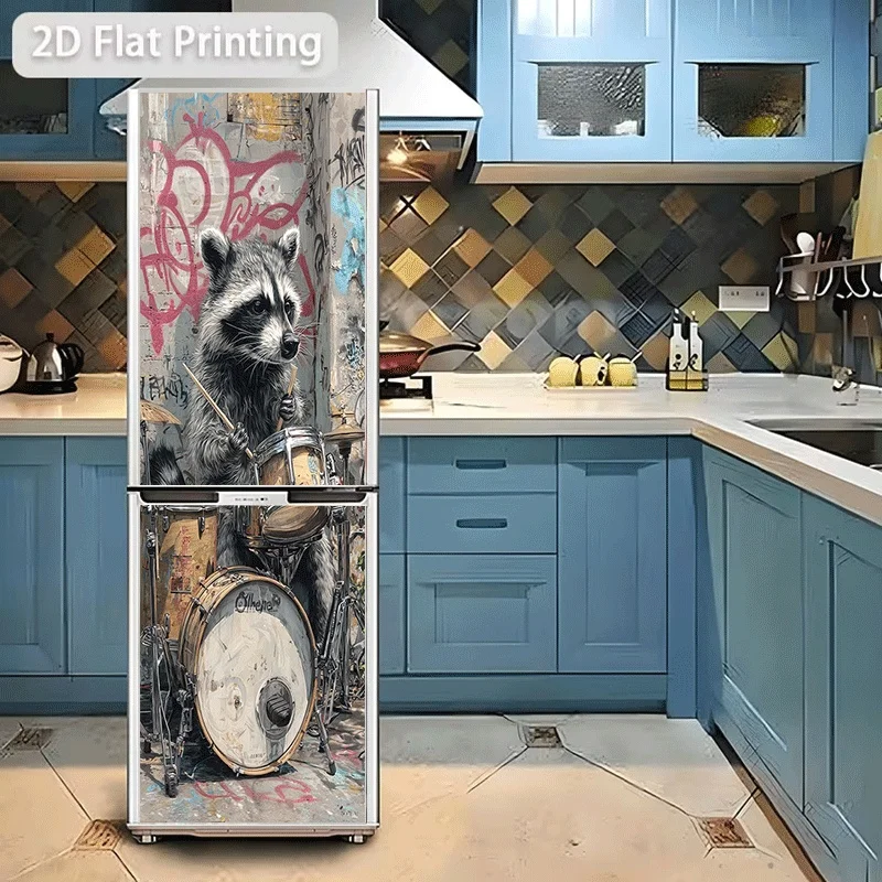 Refrigerator Sticker[60X180 Cm]Sticker for Refrigerator And Dishwasher with a Street Drummer Instant Noodle Theme Design, Self
